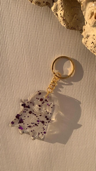 Şeffaf Mor Renk Glitterli Gold Aksesuarlı Hayalet Şekil Anahtarlık El Yapımı Epoksi Hediyelik ürün görseli 1