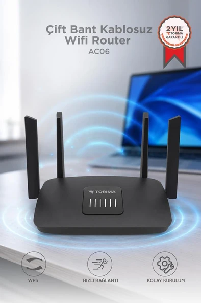 Çift Bant Kablosuz Wifi Router 1200Mbps 2.4GHz ve 5GHz 4 Antenli AC06 Siyah ürün görseli 1