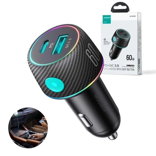 JOYROOM 60W USB/USB-C / Type-C Araç Şarj Cihazı Siyah Çakmaklık ürün görseli 1