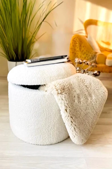 Teddy XL Puf - El Yapımı Pofuduk Ekru Sandıklı Silindir Puf - Çok Amaçlı Dekoratif Bench ürün görseli 1