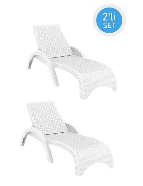 Omnipazar TRK-860 Siesta Fiji Rattan Desenli Ayarlanabilir Lüks Şezlong Beyaz 2'li Set ürün görseli 1