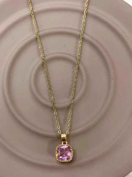 Gold Renk Zarif Kare Pembe Zirkon Taşlı Parlak Vintage Şıklık 316L Çelik Kolye ürün görseli 1