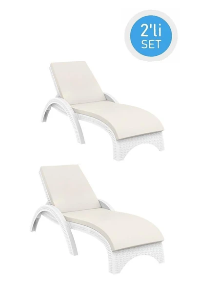 Omnipazar TRK-860 Siesta Fiji Bej Minderli Rattan Desenli Ayarlanabilir Lüks Şezlong Beyaz 2'li Set ürün görseli 1
