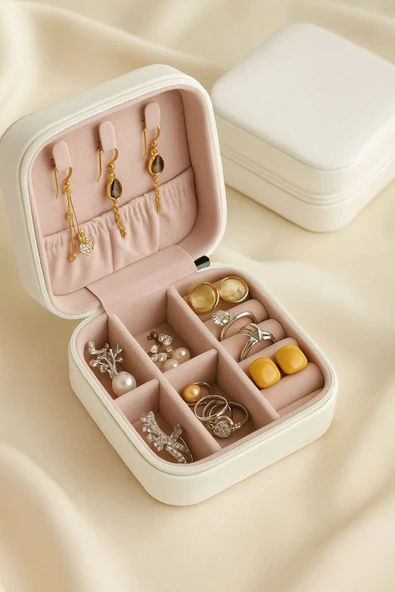 Mini Takı Kutusu Seyahat Tipi Mücevher Çantası Kolye Yüzük Küpe Organizer Takı Düzenleyici Beyaz ürün görseli 1