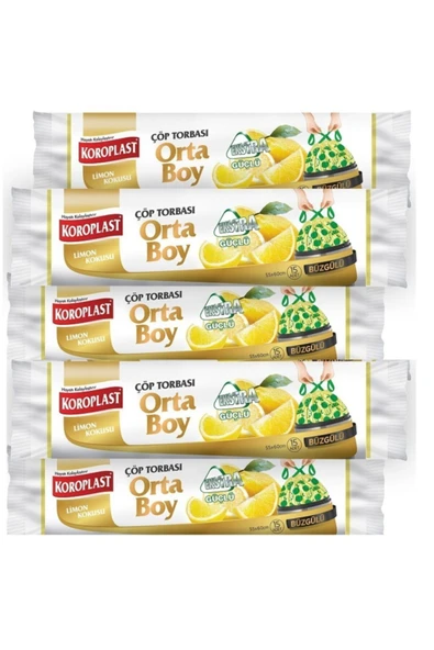 Koroplast Ekstra Güçlü Limon Büzgülü Orta Boy 15li Çöp Torbası X 5 Paket ürün görseli 1