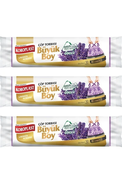 Koroplast Ekstra Güçlü Lavanta Büzgülü Büyük Boy 10lu Çöp Torbası X 3 Paket (65x70 Cm) ürün görseli 1