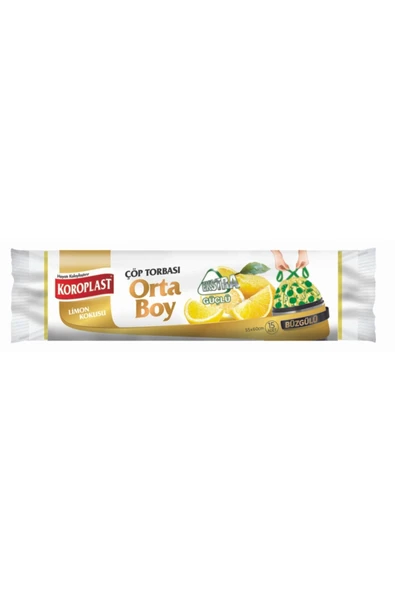 Koroplast Ekstra Güçlü Koku Hapseden Limon Kokulu, Büzgülü Orta Boy Çöp Torbası 15'li ürün görseli 1