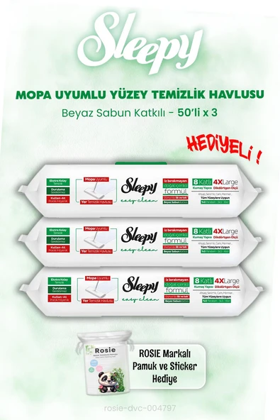 Sleepy Mopa Uyumlu Beyaz Sabunlu Islak Mendil 50'li x 3 ve ROSIE ürün görseli 1