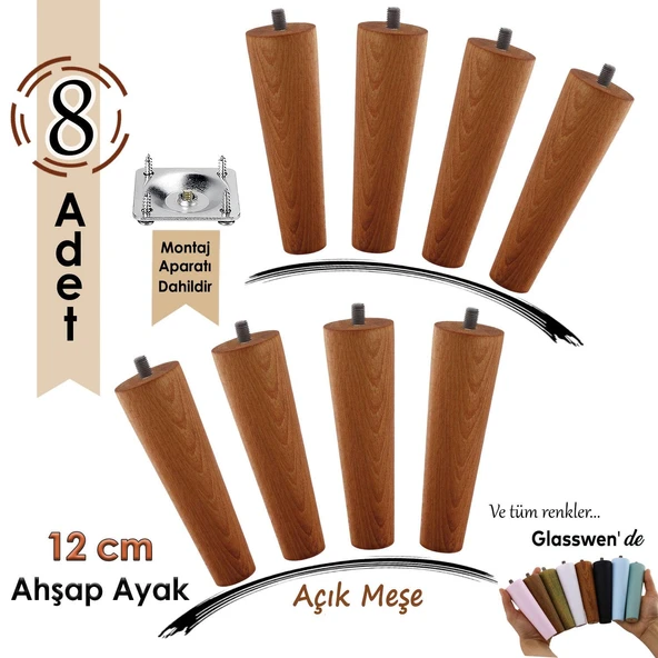 8 Adet Ahşap Ayak 12 Cm Açık Meşe M8 Civatalı Bağlantı Aparatlı Dolap Mobilya Koltuk Kanepe Destek Ayağı Ayakları ürün görseli 1