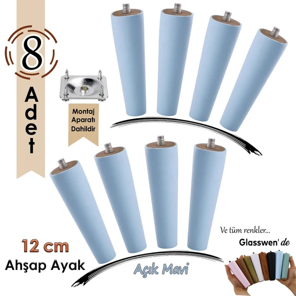 8 Adet Ahşap Ayak 12 Cm Açık Mavi M8 Civatalı Bağlantı Aparatlı Dolap Mobilya Koltuk Kanepe Destek Ayağı Ayakları ürün görseli 1