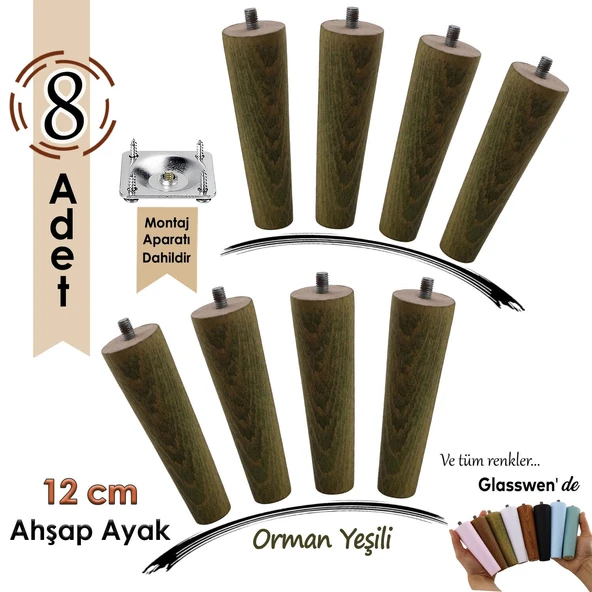 8 Adet Ahşap Ayak 12 Cm Orman Yeşili M8 Civatalı Bağlantı Aparatlı Dolap Mobilya Koltuk Kanepe Destek Ayağı Ayakları ürün görseli 1