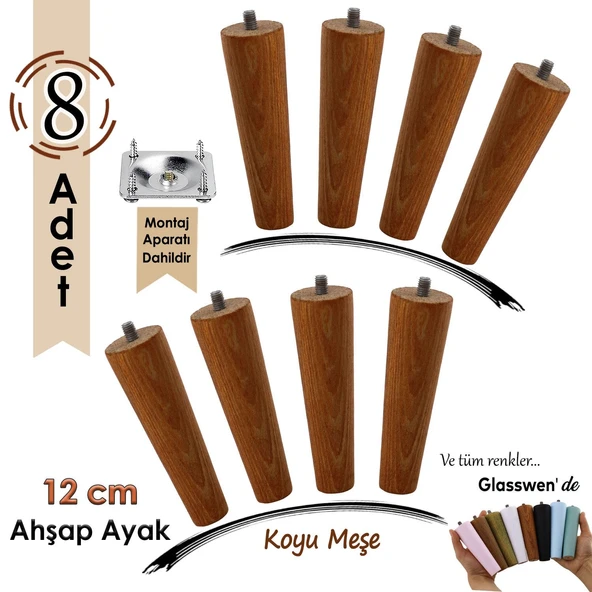 8 Adet Ahşap Ayak 12 Cm Koyu Meşe M8 Civatalı Bağlantı Aparatlı Dolap Mobilya Koltuk Kanepe Destek Ayağı Ayakları ürün görseli 1
