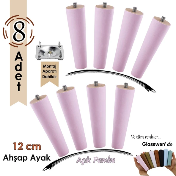 8 Adet Ahşap Ayak 12 Cm Açık Pembe M8 Civatalı Bağlantı Aparatlı Dolap Mobilya Koltuk Kanepe Destek Ayağı Ayakları ürün görseli 1
