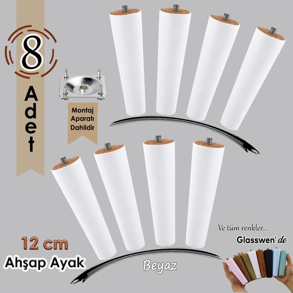 8 Adet Ahşap Ayak 12 Cm Beyaz M8 Civatalı Bağlantı Aparatlı Dolap Mobilya Koltuk Kanepe Destek Ayağı Ayakları ürün görseli 1
