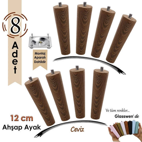 8 Adet Ahşap Ayak 12 Cm Ceviz M8 Civatalı Bağlantı Aparatlı Dolap Mobilya Koltuk Kanepe Destek Ayağı Ayakları ürün görseli 1