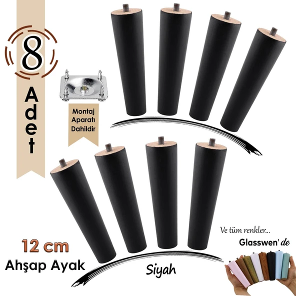 8 Adet Ahşap Ayak 12 Cm Siyah M8 Civatalı Bağlantı Aparatlı Dolap Mobilya Koltuk Kanepe Destek Ayağı Ayakları ürün görseli 1