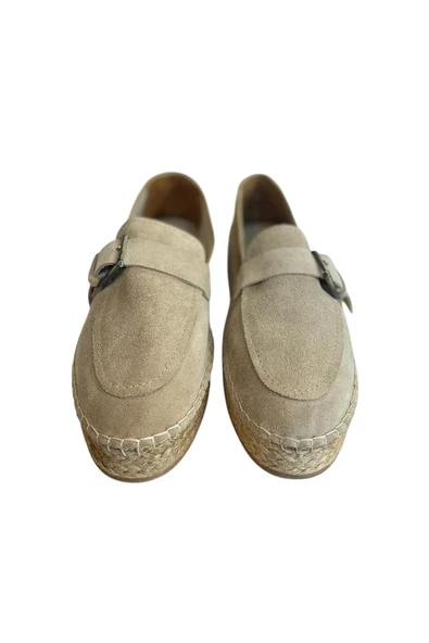 Bej Hakiki Süet Hasır Taban Tokalı Loafer - Resim 2