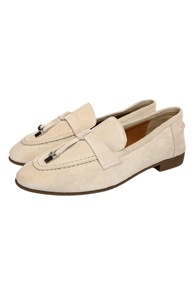 Bej Hakiki Süet Deri Loafer - Resim 3
