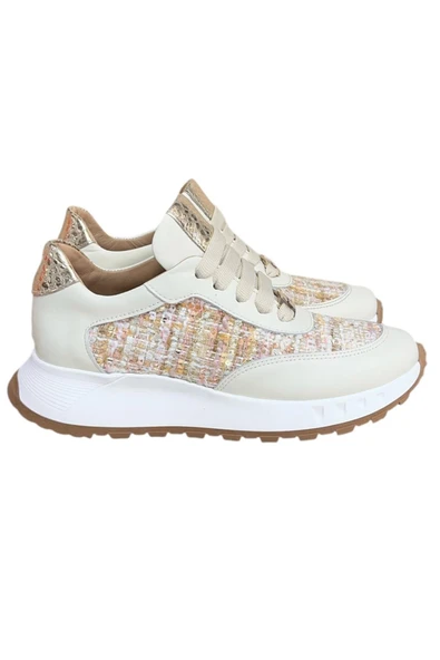 Krem Hakiki Deri  Hasır Desenli Comfort Taban Bağcıklı Sneaker ürün görseli 1