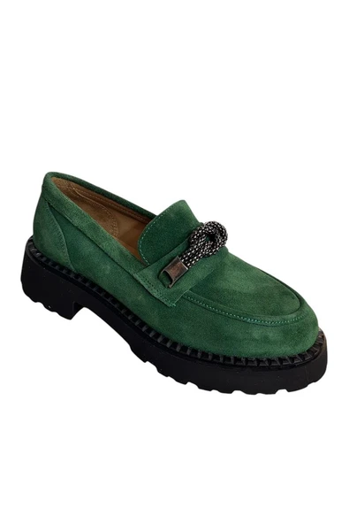 Yeşil Hakiki Deri Kalın Taban Loafer - Resim 2