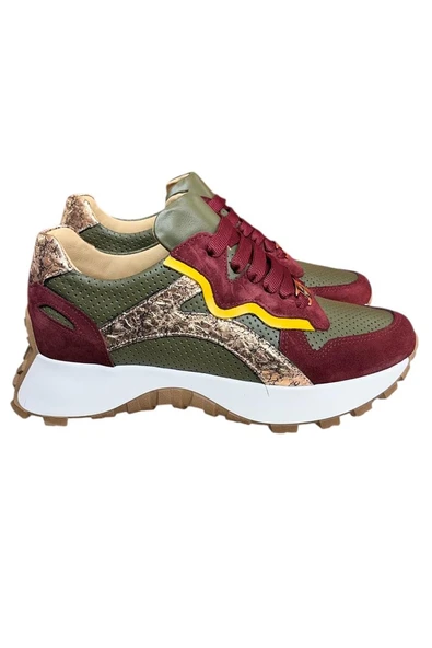 Yeşil Hakiki Deri Bordo Garnili Comfort Taban Bağcıklı Sneaker ürün görseli 1