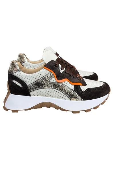 Krem Hakiki Deri Kahve Garnili Comfort Taban Bağcıklı Sneaker ürün görseli 1
