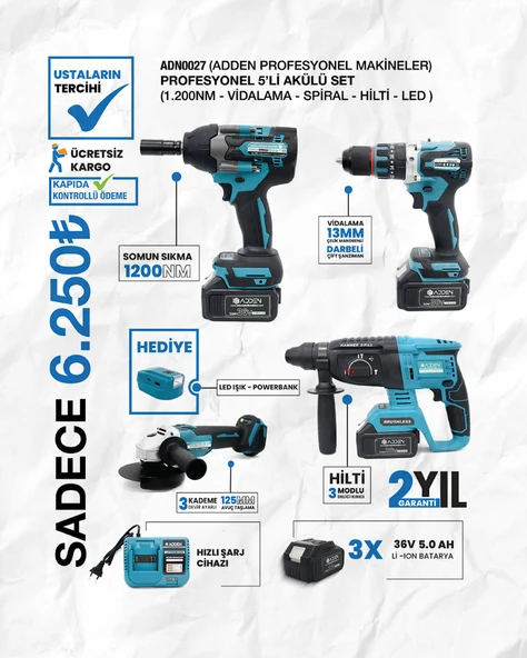 ADDEN ADN0027 5’li Kömürsüz Motorlu Şarjlı Takım Seti – 1200Nm Somun Sıkma, Vidalama, Hilti, Taşlama, LED Işık, ürün görseli 1