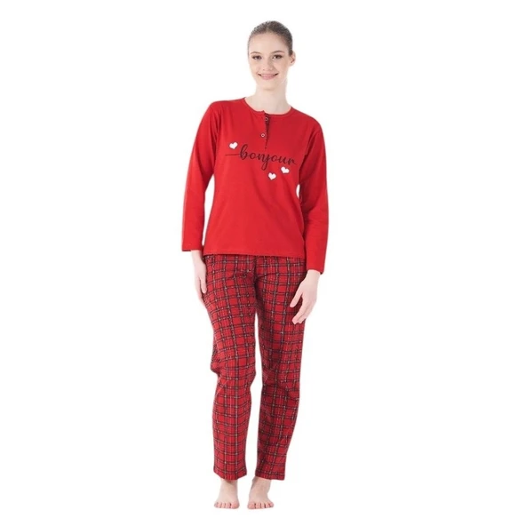 Estiva Ekose Desen Patlı Düğmeli Kareli Bayan Pijama Takım ürün görseli 1