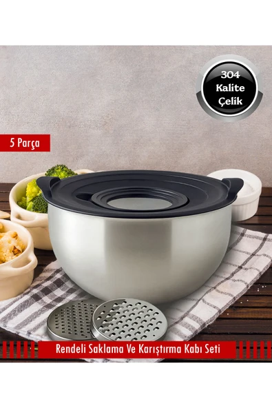Çelik 5 Parça Rendeli Kase Saklama Ve Karıştırma Kabı 24cm ürün görseli 1