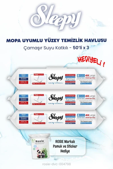 Sleepy Çamaşır Suyu Katkılı Mopa Uyumlu  Islak Mendil 50'li x 3 ve ROSIE ürün görseli 1