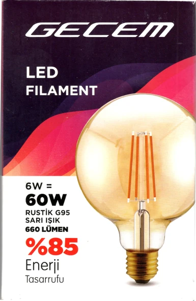 GECEM G95 AMBER 6w E-27 Fılament Rustik Led Ampul 2700K (BALON) 660lm ürün görseli 1