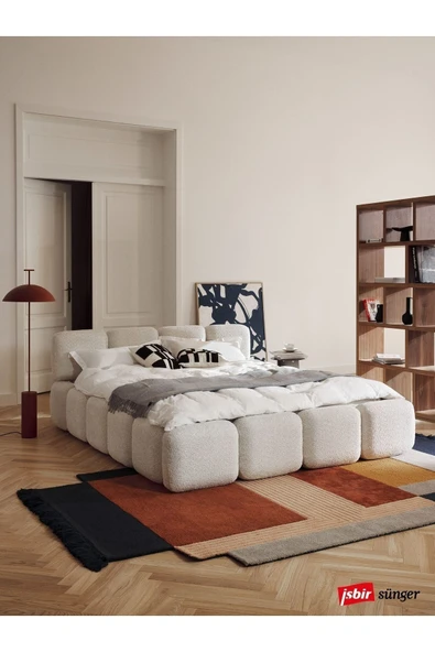 Mobilya Stant Most Oktagon Bazalı Karyola Beyaz Bukle Kumaş İşbir Kuştüyü Sünger 180x200 Yatak İçin(Kurulum Dahil) ürün görseli 1