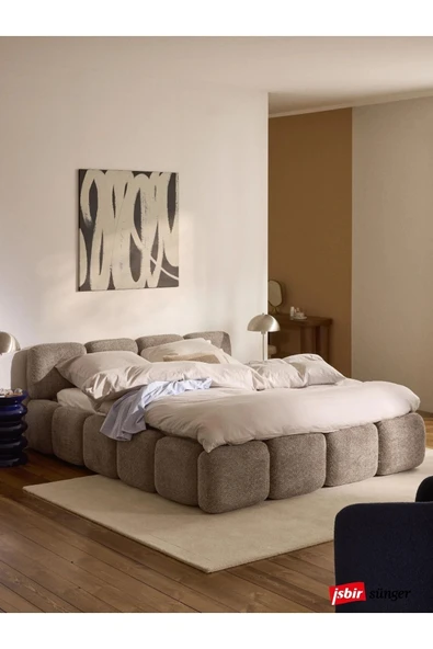 Mobilya Stant Most Oktagon Bazalı Karyola Kahve Bukle Kumaş İşbir Kuştüyü Sünger 180x200 Yatak İçin(Kurulum Dahil) ürün görseli 1