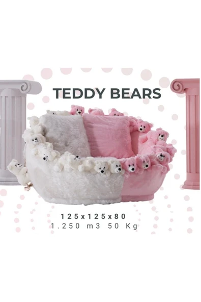 Mobilya Stant Most Teddy Kids Pro Ayıcıklı Beyaz-Pembe Peluş Kumaş Döner Berjer (Evinize Teslim) ürün görseli 1