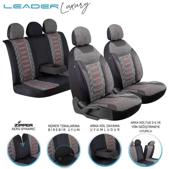 Leader Edition Nakış Keten Oto Koltuk Kılıfı Fermuarlı Lüks Siyah ürün görseli 1