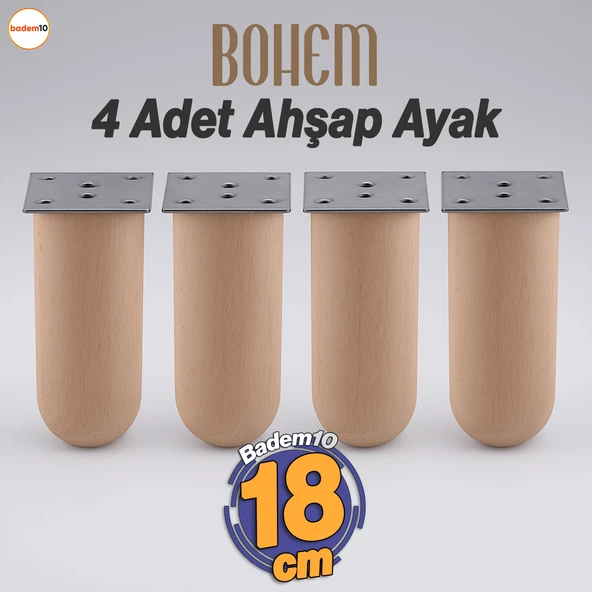 Bohem 4 ADET Doğal Ahşap Silindir Ayak 18 cm Set Mobilya Koltuk Kanepe Sehpa Masa Ayağı Ayakları ürün görseli 1