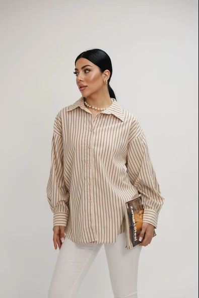 Kadın Dantel Şerit Detaylı Oversize Gömlek 1900-25 - Resim 6