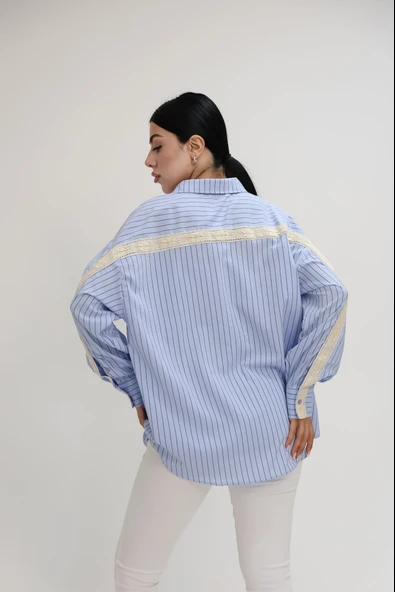 Kadın Dantel Şerit Detaylı Oversize Gömlek 1900-25 - Resim 4