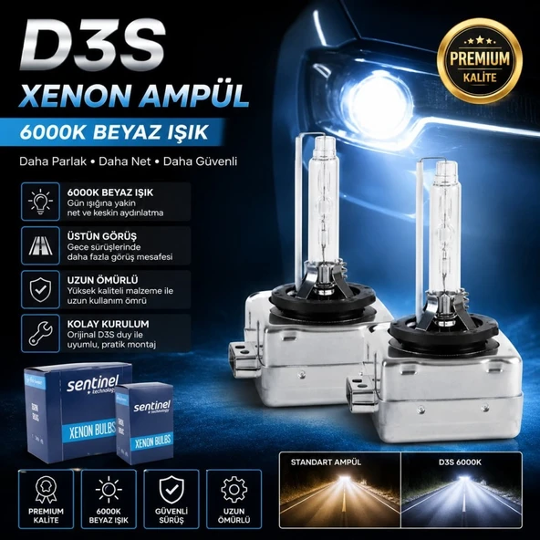 Sentinel D3S Xenon Ampul Beyaz Işık 6000K 12V 2 ADET ürün görseli 1