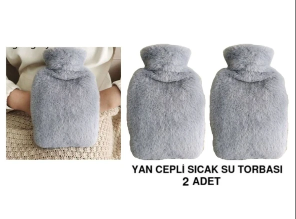 SICAK SU TORBASI 2 ADET,YAN CEPLİ GRİ PELUŞ TERMOFOR 27x17x2cm  750ml ürün görseli 1