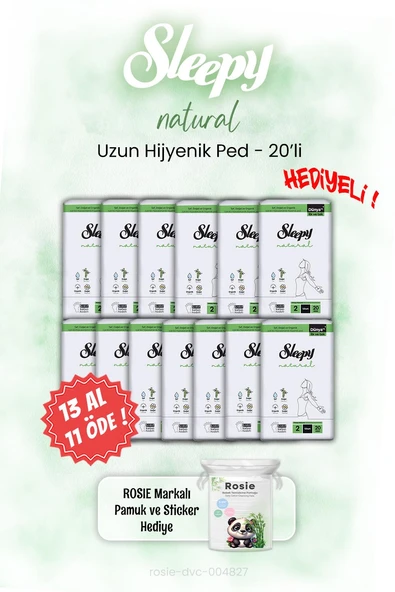 Sleepy 13 AL 11 ÖDE Natural Hijyenik Ped Uzun 20'li ve ROSIE ürün görseli 1
