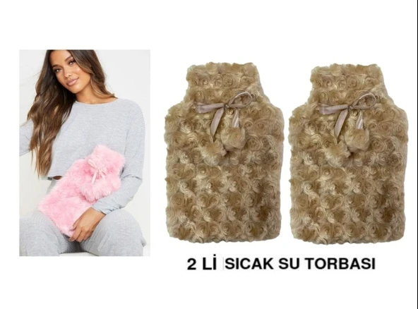 SICAK SU TORBASI 2 ADET,PONPONLU TERMOFOR PELUŞ BEJ  28x17CM 750ml ürün görseli 1