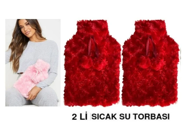 SICAK SU TORBASI 2 ADET,KIRMIZI RENKLİ,PONPONLU TERMOFOR 26X17X2CM 1 LİTRE ürün görseli 1
