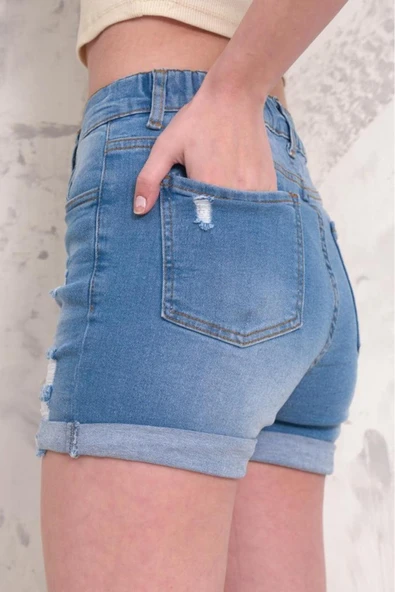 Kadın Likralı Duble Paça Yıpratmalı Denim Mini Şort - Resim 11
