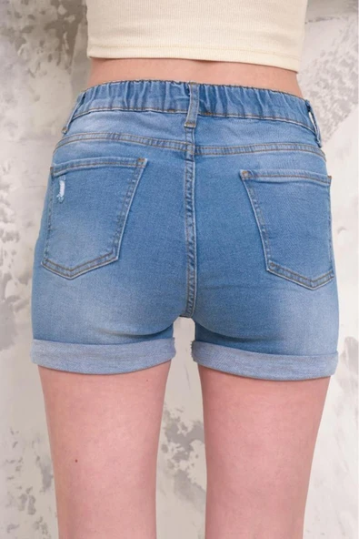 Kadın Likralı Duble Paça Yıpratmalı Denim Mini Şort - Resim 8