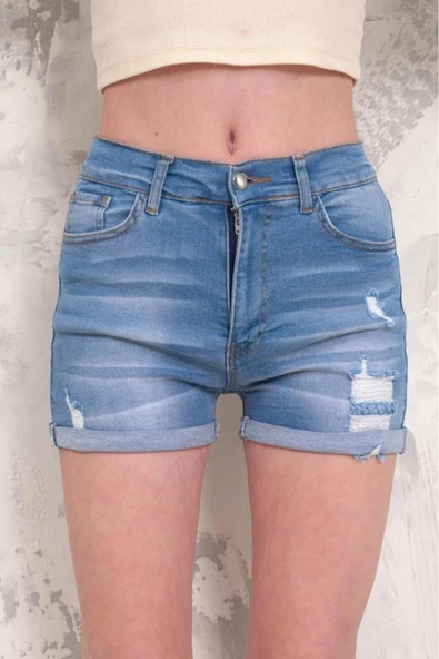 Kadın Likralı Duble Paça Yıpratmalı Denim Mini Şort - Resim 3