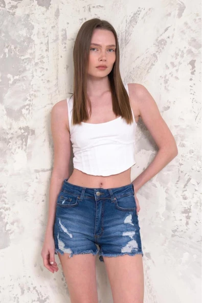 Kadın Likralı Etek Ucu Püsküllü Yıpratmalı Denim Mini Şort ürün görseli 1