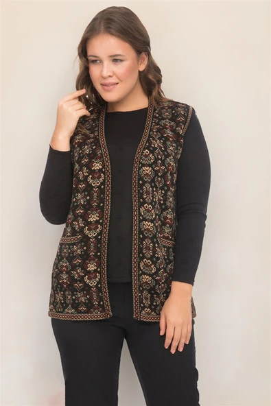 Kadın Çok Renkli Çiçek Desenli Cepli Kilim Yelek ürün görseli 1