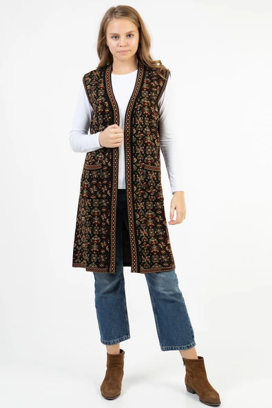 Kadın Çok Renkli Çiçek Desenli Cepli Uzun Kilim Yelek ürün görseli 1