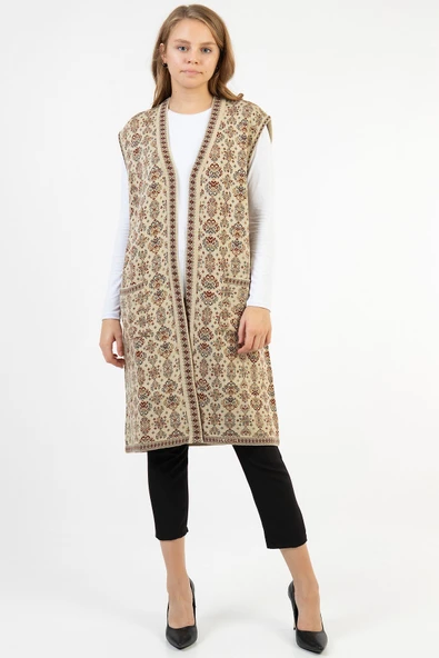 Kadın Taş Çiçek Desenli Cepli Uzun Kilim Yelek ürün görseli 1